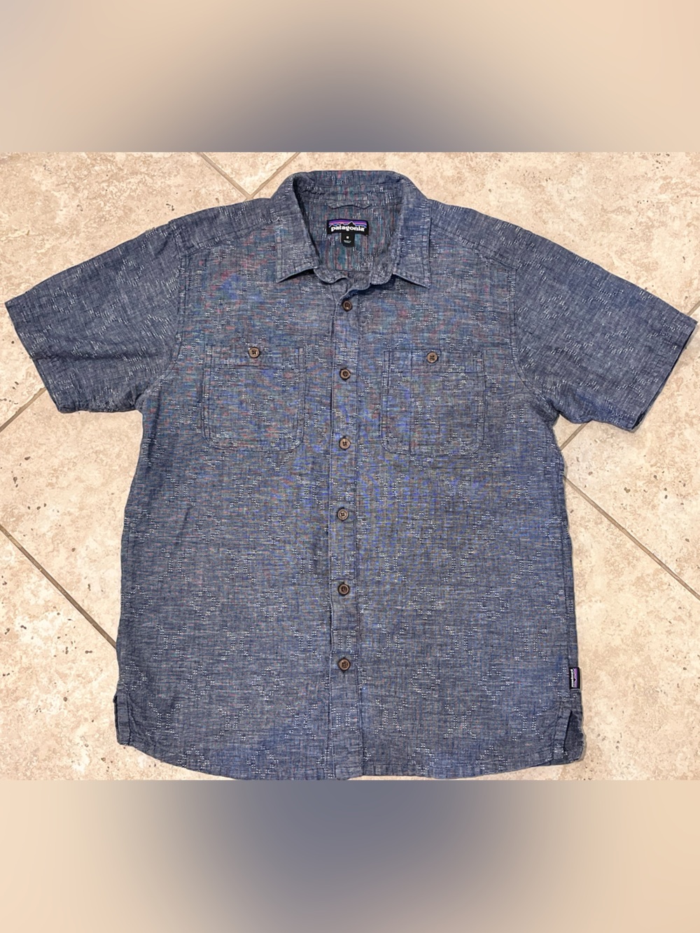 Patagonia Woven Shirt Blue Geometric Short Sleeve Men's M Hemp Cotton Aztec EUC